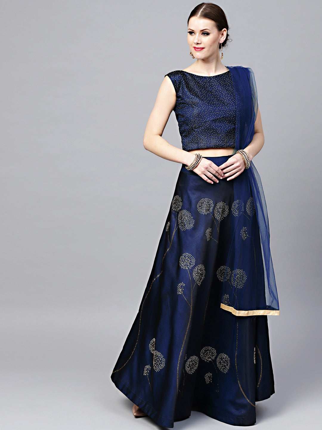 Made to Measure Blue Silk Croptop Lehenga with Floral Foil Print and Embllishments