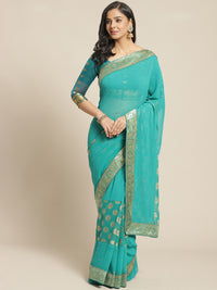 Bright Teal Embellished Georgette Saree with Banarasi Brocade Woven Border