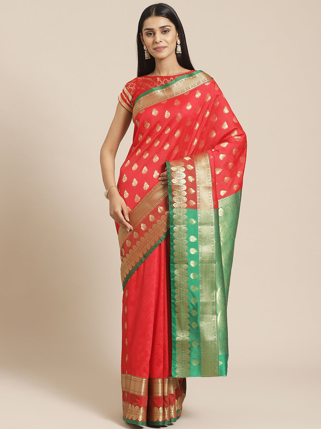 Jamdani Embossed Handloom Saree with  Zari  Weaving & Rich Contrast Border, Pallu