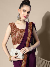 Draped Bright Burgundy Lycra Ruffled Saree With Embellished Blouse