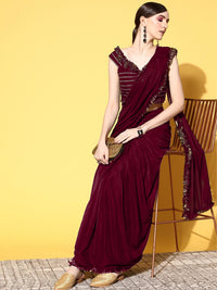 Chhabra 555 Pre-Draped Gold Metaillic Lycra Ruffled Off Shoulder Saree with Crystal Embroidery