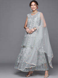 Chhabra 555 Semi-Stitched Silver Zari Embellished Floor Length Pleated Net Gown & Embroidery Dupatta