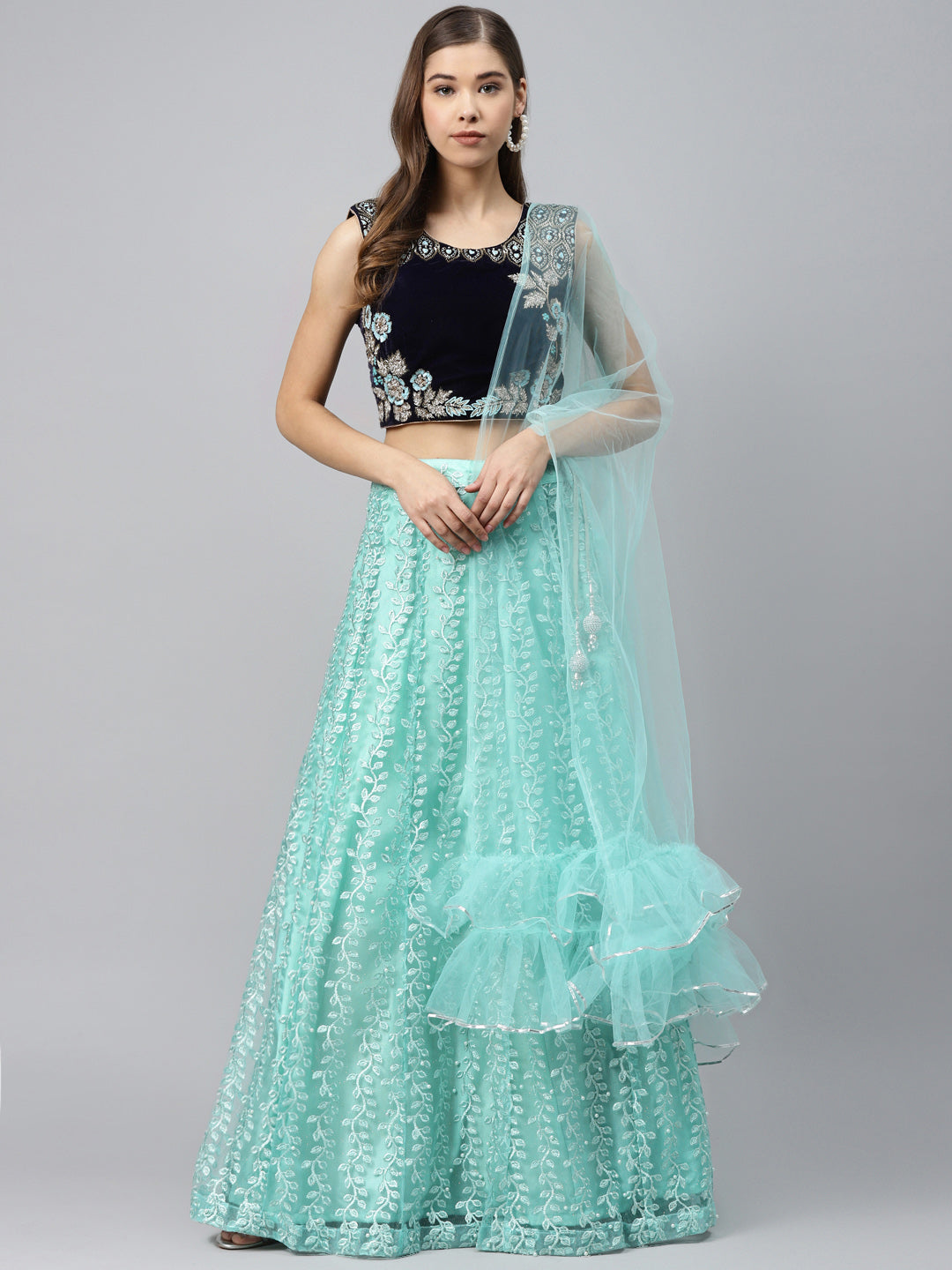 Floral Resham Embroidery Lehenga Set with Velvet Blouse, Frills & Crystal Embellishment