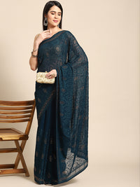 Chhabra 555 Bottle Green Floral Tonal Resham Embroidery & Crystal Embellished Georgette Saree