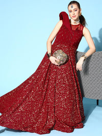 Maroon Foil Print Embellished Flared Long Party Wear Cocktail Gown