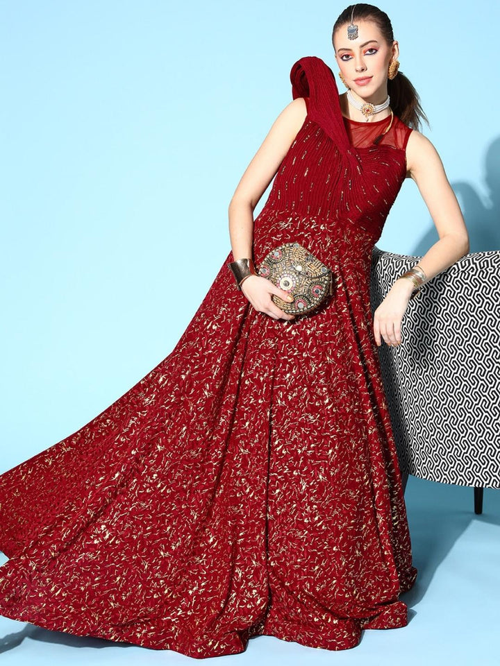 Maroon Foil Print Embellished Flared Long Party Wear Cocktail Gown