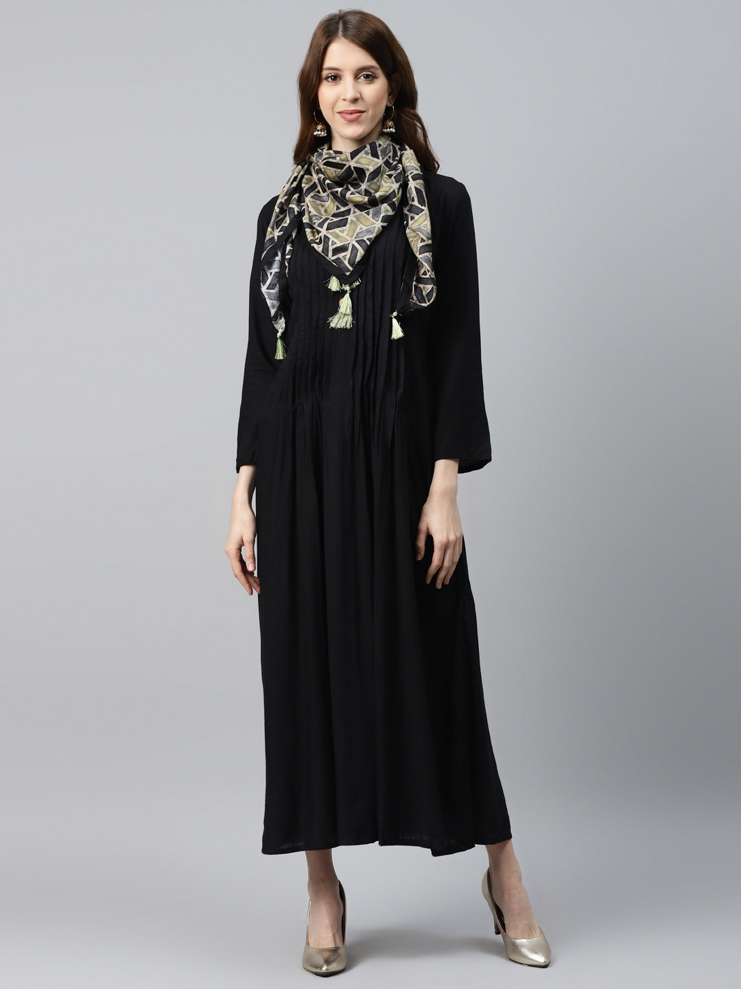 Made to Measure Pintucked Long Dress with Wooden Tassels Buttons & Kalamkari Print Scarf