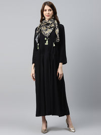 Made to Measure Pintucked Long Dress with Wooden Tassels Buttons & Kalamkari Print Scarf