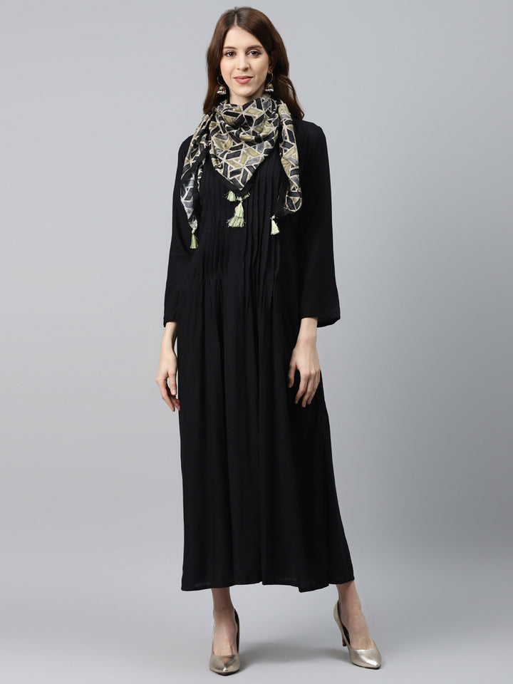 Made to Measure Pintucked Long Dress with Wooden Tassels Buttons & Kalamkari Print Scarf