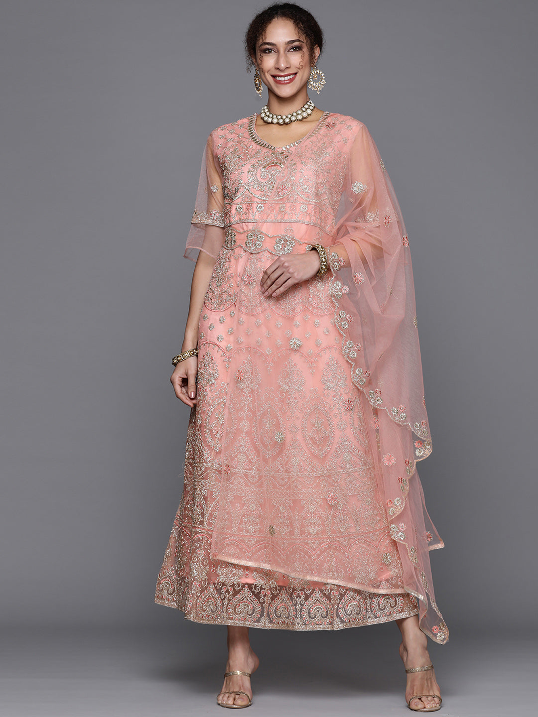 Chhabra 555 Semi-Stitched Pink Zari Embroidery Floor Length Net Gown Dupatta & Bell sleeves 