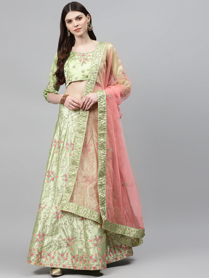 Pastel Semi-Stitched Lehenga Set with Zari & Resham Meenakari Floral Embroidery