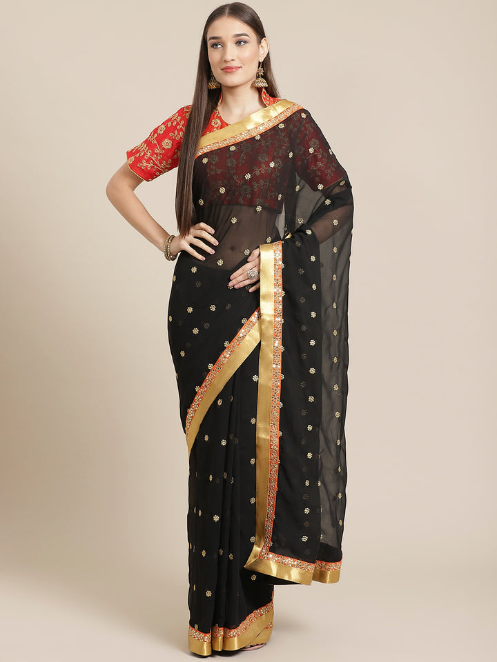 Black Georgette Embellished Saree With Sequence Border & Heavy Aari Embroidery Blouse