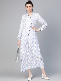 Made to Measure Ikat Inspired Print Long Dress with Wooden Buttons & High Slits