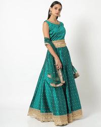 Chhabra 555 Made to Measure Festive Lehenga Set with Gold Zari Weaving, Ari Kundan Embroidery and Gota Patti Hemline