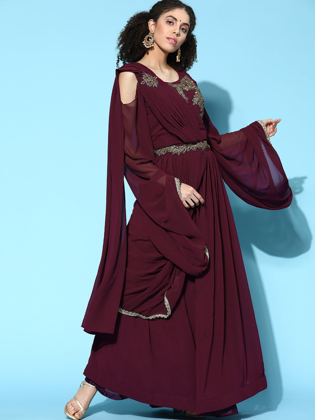 Made to Measure Crystal Embellished Georgette Gown With Attached Draped Dupatta & Laces