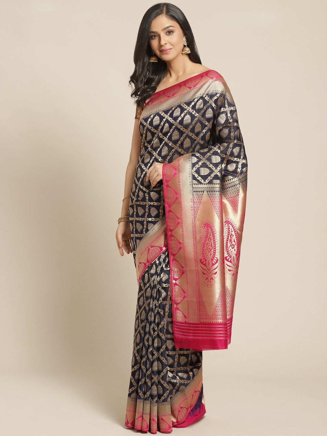 Navy Blue Kanjeeveram Silk Saree with Gold Oxidised Weaving and Contrast Pink Border