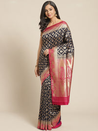 Navy Blue Kanjeeveram Silk Saree with Gold Oxidised Weaving and Contrast Pink Border