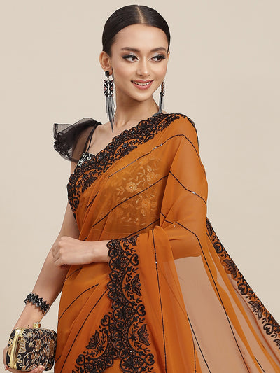 Chhabra 555 Mustard Georgette Saree With Black Resham Sequinned Embroidery & Scalloped Border