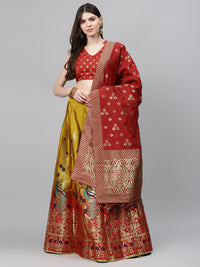 Ombre Semi Stitched Banarasi Lehenga Choli With Gold Zari Weave Dupatta & Peacock Motifs
