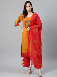 Cotton Stitched Kurta Pallazzo Set With Embroidery Dupatta & Pleated Hemline, Sleeves