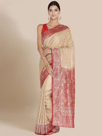 Beige & Maroon Colored Banarasi Silk Woven Party Wear Saree