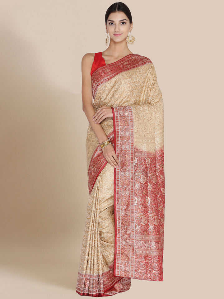 Beige & Maroon Colored Banarasi Silk Woven Party Wear Saree