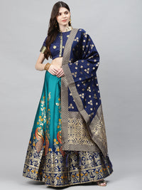 Ombre Semi Stitched Banarasi Lehenga Choli With Zari Weaving & Peacock Motifs