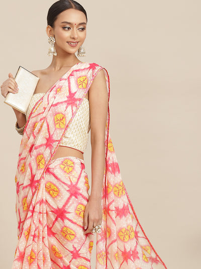 Chhabra 555 Pink Ombre Tie & Dye Light Weight Leheriya Chiffon Saree Embellished With Tassels 