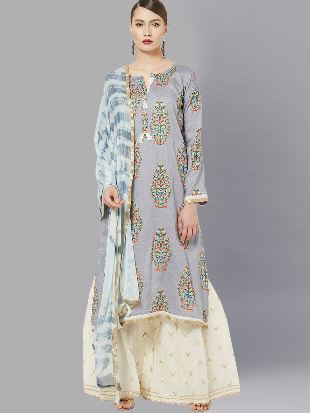 Chhabra 555 Embellished Semi-stitched Suit with Gota Patti Embroidered Sharara and Bandhej Dupatta