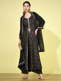 Chhabra 555 Made to Measure Black Foil Printed Embellished Front-Slit Kurta With Palazzo, Dupatta Set