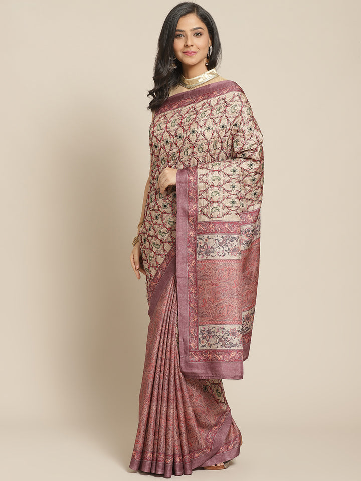 Beige Half-and-Half Saree with Kantha embroidered pallu and Kalamkari Indie Print