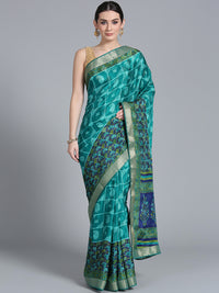 Chhabra 555 Turquoise Blue Crepe Floral Print Saree with Zari Woven Border
