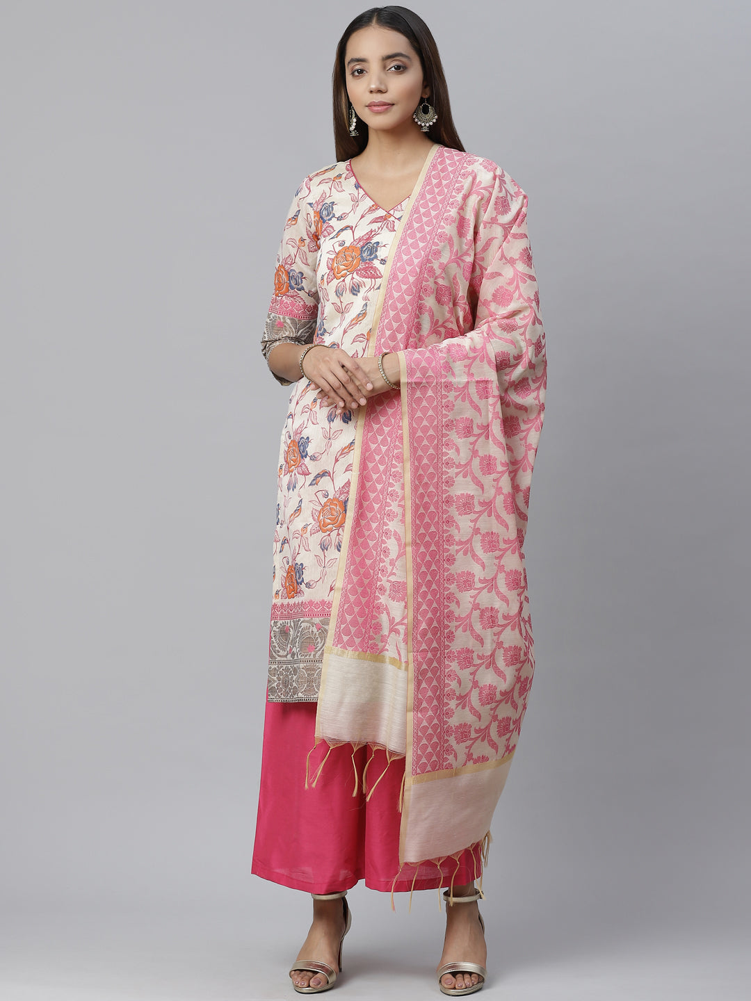 Handloom Chanderi Printed Dress Material with Gold Weave Border & Banarasi Duppatta
