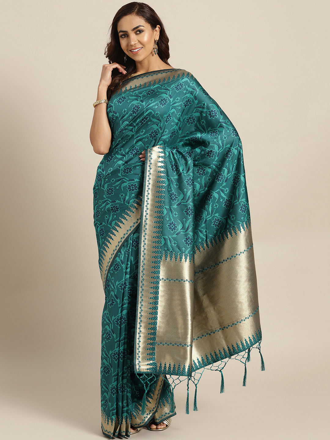 Chhabra 555 Teal Banarasi Handloom Silk Saree with Temple Zari pattern and Jhalar
