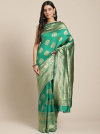 Emerald Green Banarasi Silk Saree with Oxidised Zari Weaving and Floral Ethnic Pattern