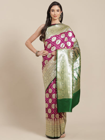 Chhabra 555 Purple Kanjeevaram Wedding Silk Saree With Traditional Zari Motifs & Contrast Pallu 

Color: Purple

Type: Kanjeevaram Sarees

Pattern: Woven Design

Pattern Type: Woven Design

Ornamentation: Zari

Border: Zari

Fabric: Silk Blend

Saree: 5.85 mtr., Width: 1.15 mtr, Blouse: 0.90 mtr
Dry Clean

The CAD image gives a detailed look of the actual blouse piece that comes with this saree. The blouse used by the model in the pictures is only for styling purpose.