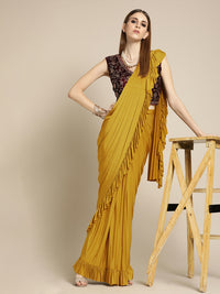 Chhabra 555 Mustard Ruffled Pre-Draped Lycra Saree with Frills and Velvet Crystal Embellished Blouse