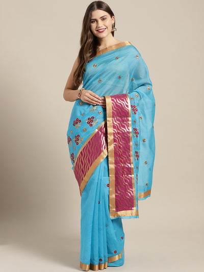 Chhabra 555 Turquoise Pink Panelled saree with Resham Embroidered Floral Motifs