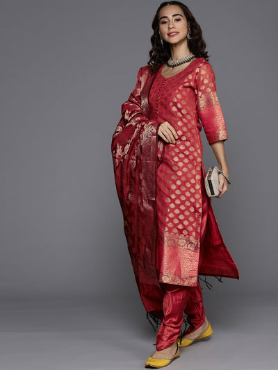 Chhabra 555 Red Unstitched Banarasi Kurta Set With Handloom Dupatta & Zari Weaving