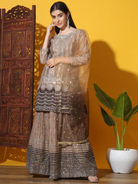 Chhabra 555 Mirror & Zircon Embellished Ombre Kurta Gharara Set with Striped Floral Embroidery