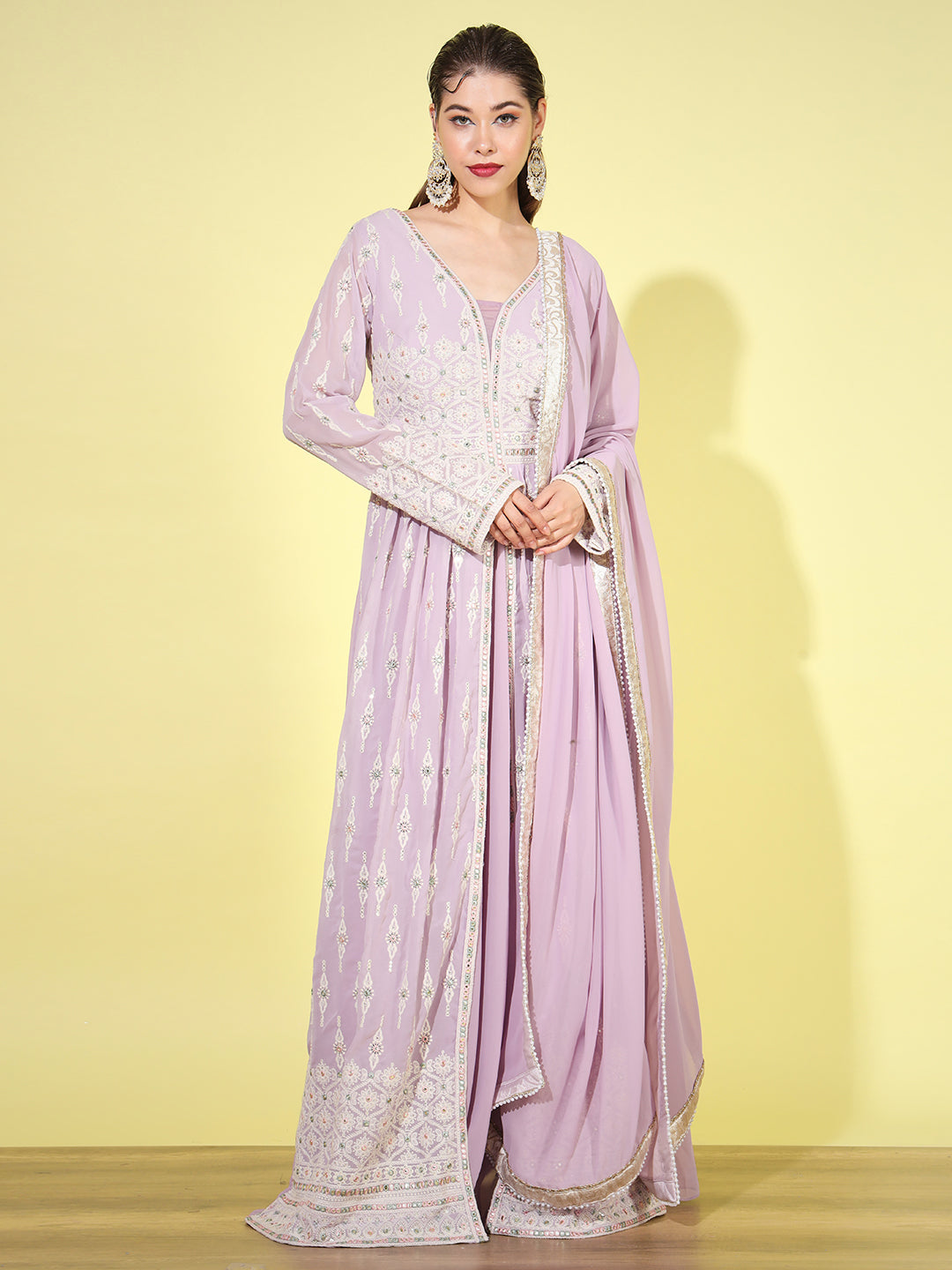 Chhabra 555 Lavender Resham Chikankari Embroidered Front Slit Georgette Dress With Dupatta