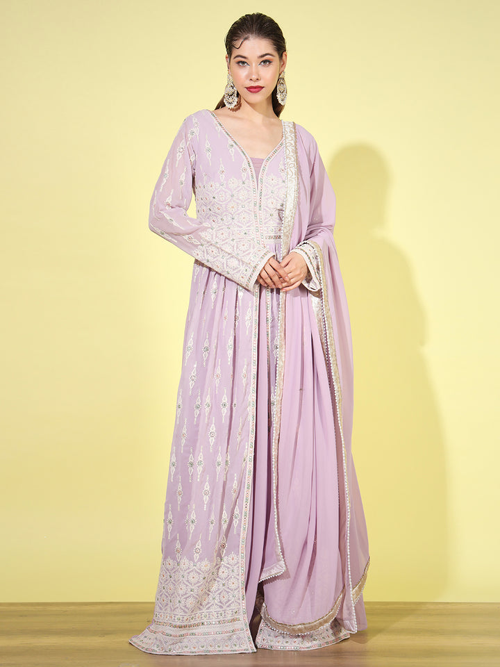 Chhabra 555 Lavender Resham Chikankari Embroidered Front Slit Georgette Dress With Dupatta