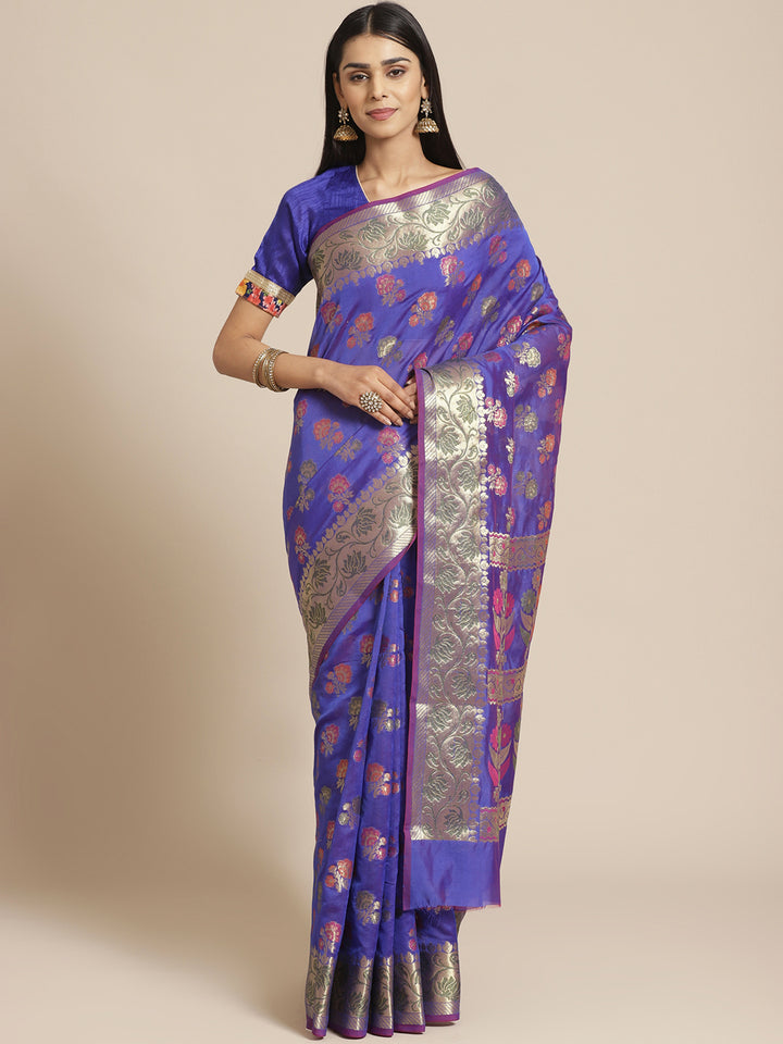 Chanderi Saree with Gold Zari & Resham Floral Meenakari Motifs & Lotus pattern in border