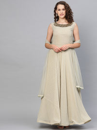 Chhabra 555 Georgette Cocktail Gown with Kundan Crystal embroidered neckline and textured foil print and dupatta