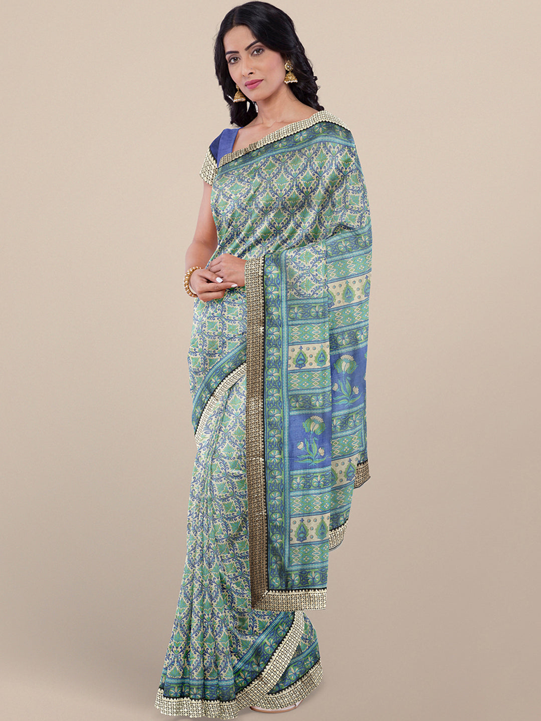 Chhabra 555 Turquoise Blue Bhagalpuri Printed Silk Saree with Brocade border