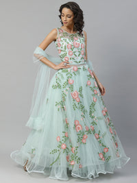 Pastel Blue Floral  Resham Embroidered Cocktail Net Gown With Frills & Net Dupatta