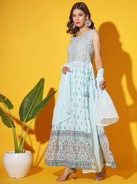 Chhabra 555 Made-to-Measure Turquoise Blue Printed Long Nayra-Cut High Slit Pleated Kurta With Flared Palazzo Dupatta Set