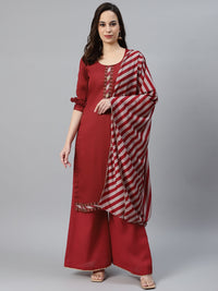 Maroon Colour Cotton Stitched Embellished Suit with Leheriya Printed Dupatta