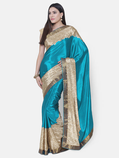 Chhabra 555 Turquoise Satin Silk Saree with floral print and a woven Border