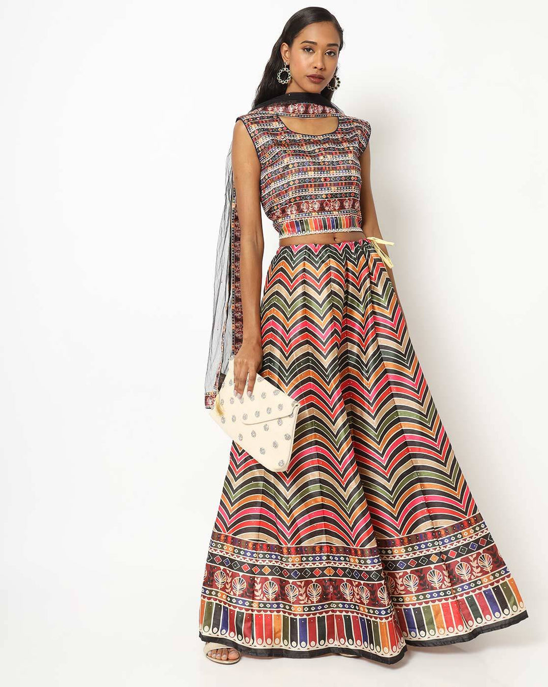 Chhabra 555 Made to Measure Multi Color Chevron Digital Print Crop-Top Lehenga Set With Net Dupatta